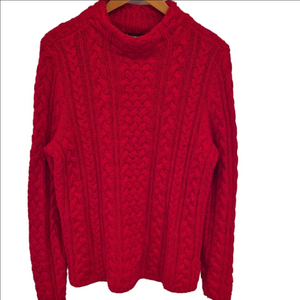 Lands' End Vibrant Red Cable Knit Fisherman's Style Heavy Sweater